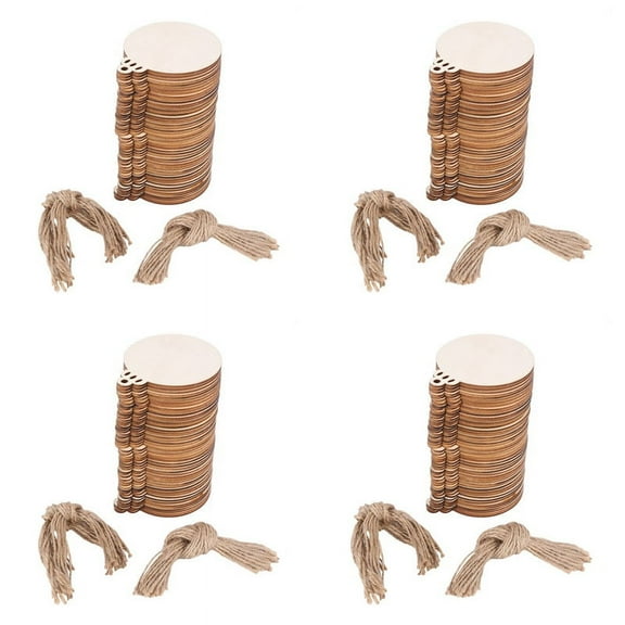 200Pcs DIY Craft Wooden Round Bauble with 200Pcs Twines to Paint, Unfinished Christmas Hanging Blank Discs Bulk Slices