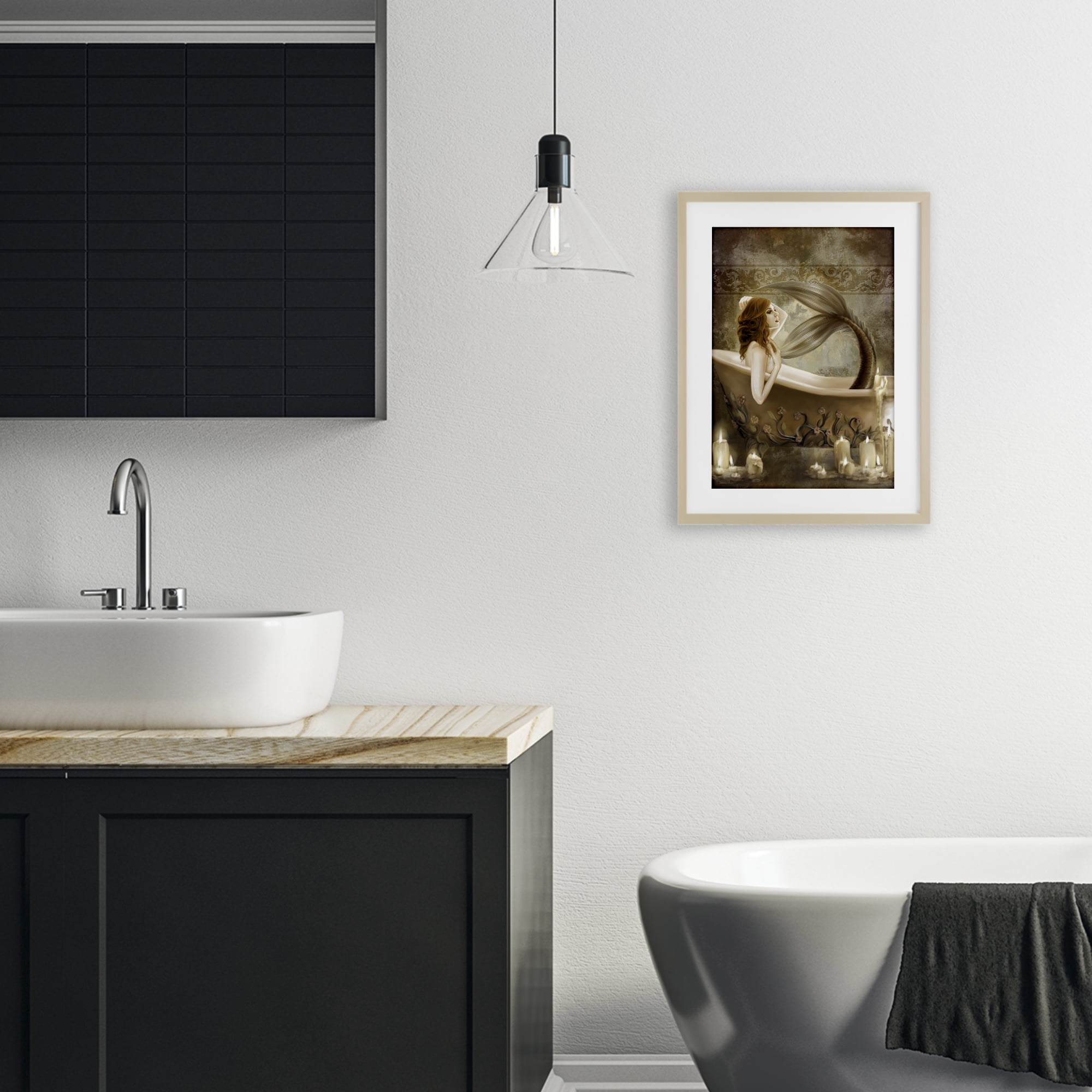 Stupell Industries Sepia Bath Time Mermaid Birch Framed Print Under Glass, design by Selina Fenech