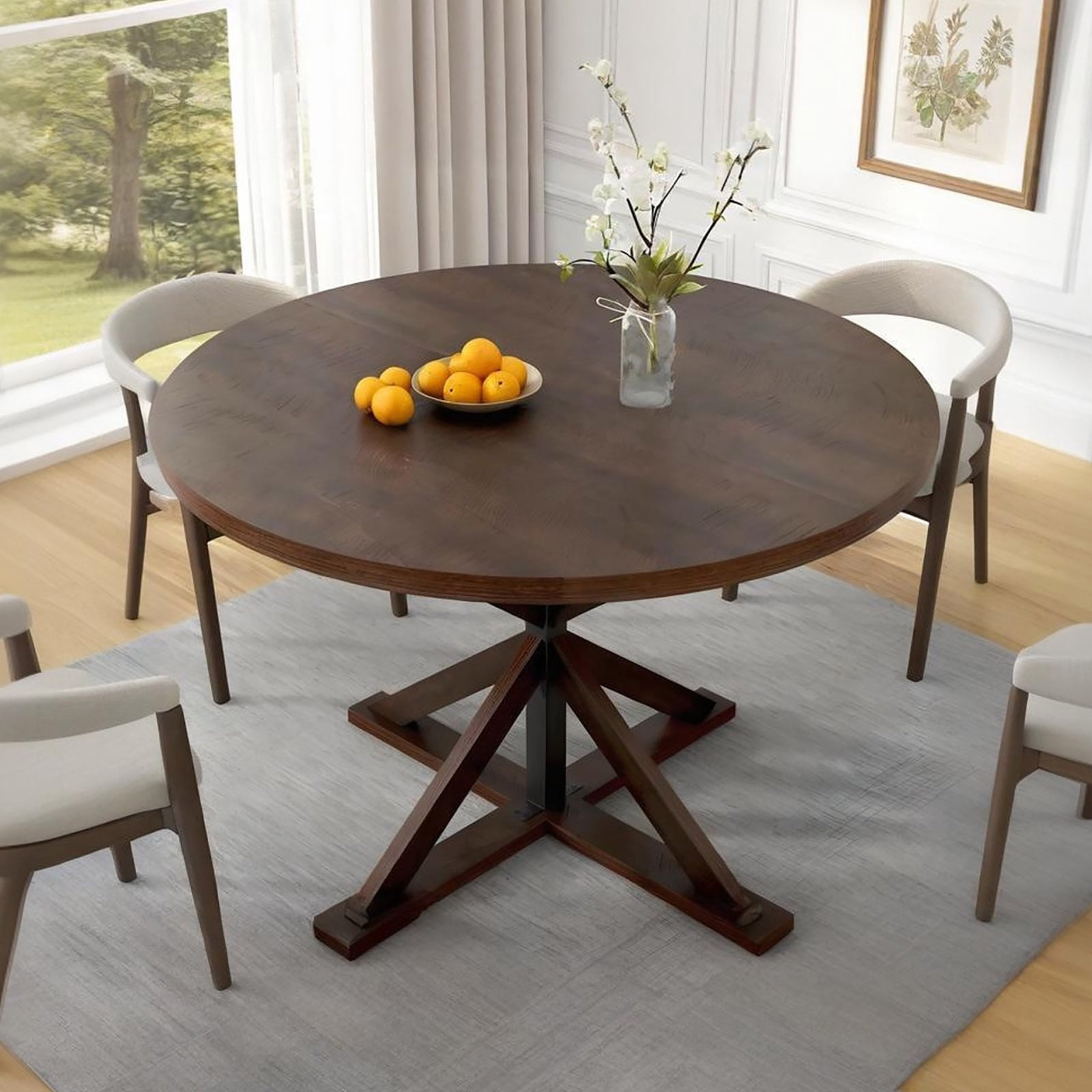 ChVans 47" Round Dining Table for 4 People, Rustic Farmhouse Wooden Round Table for Kitchen Living Roon Dinning Room