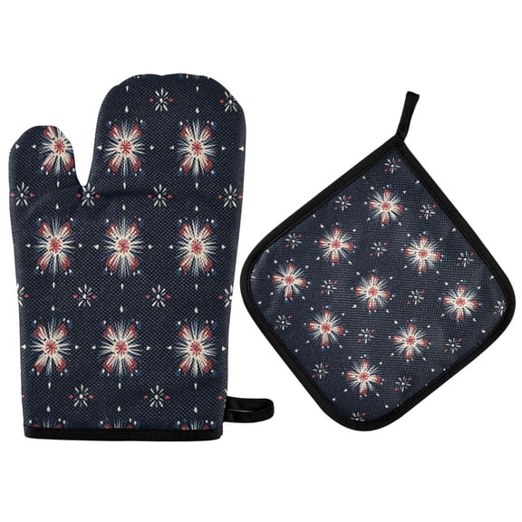 Yayeee Oven Mitts and Pot Holder Set of 2 Heat Resistant Kitchen Gloves Baking Hot Pad, Red Fireworks Pattern
