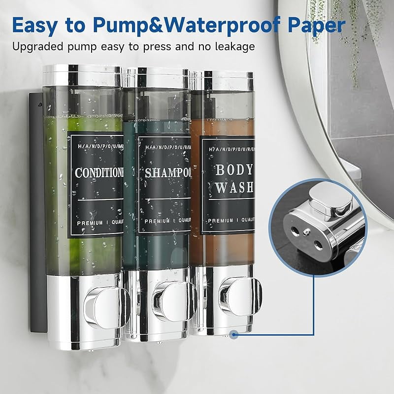 Carmujin 3 Chamber Shower Soap Dispenser, No Drill Wall Mounted Bathroom Organizer