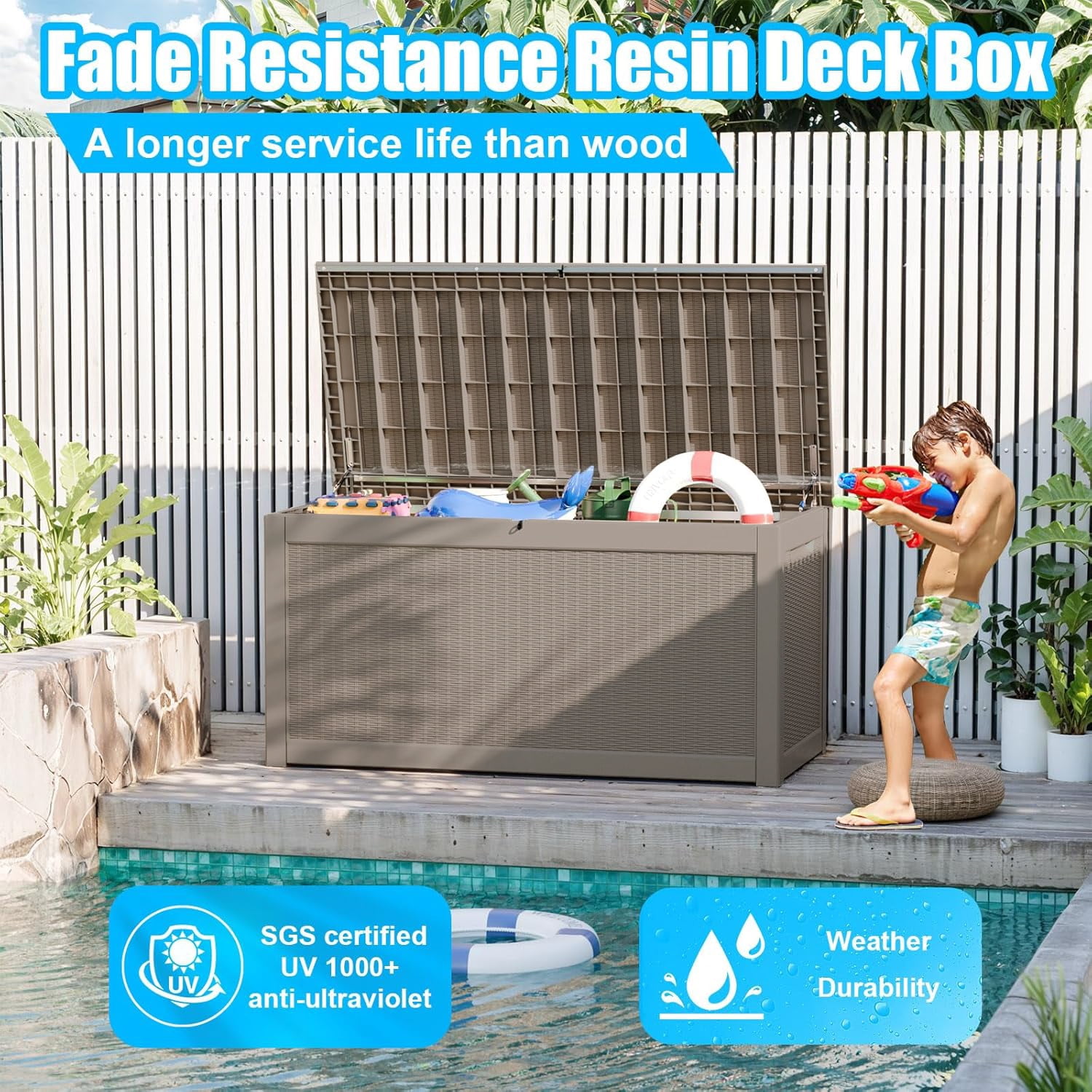 Miniyam 260 Gallon Resin Deck Box, Outdoor Storage Box, Gardening Tools, Lockable, Waterproof, Light Coffee