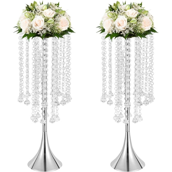 Crystal Flower Stand 2 Pcs Silver Flower Vase Chandelier Wedding Centerpieces, Tall Metal Flower Arrangement Stand, Bulk Metal Vase for Party Reception Ceremony Decoration