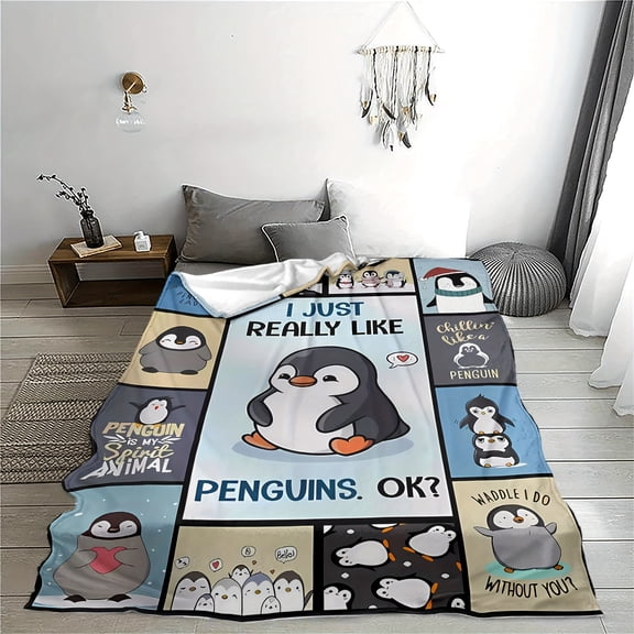 Penguin Flannel Blanket - Soft All-Season Throw with Adorable Penguin Print & Quotes, Cozy Plush Bedspread for Home Office Travel, Machine Washable