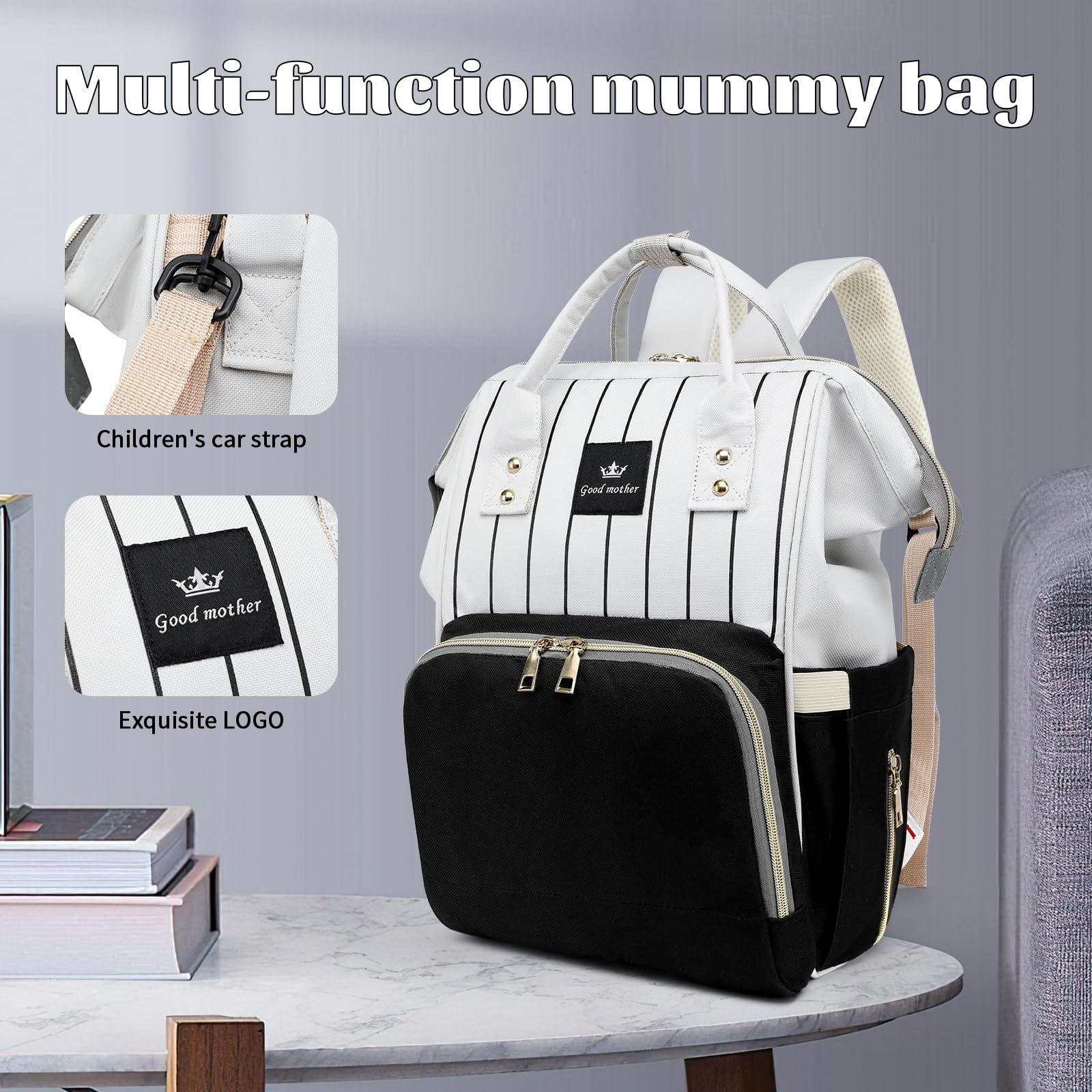 Diaper Bag Bacpack, HDJ Large Capacity Travel Diaper Bag with Insulated Milk Bottle Pocket for Mommy,Black