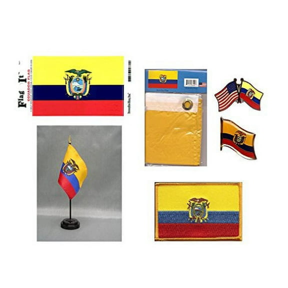 Ecuador Heritage Flag Pack - Includes a Ecuadorean 3x5' Flag, Vinyl Flag Decal, One Single & One Double Friendship Flag Lapel Pin, Miniature Desk Flag with Stand & One Iron-On Flag Patch