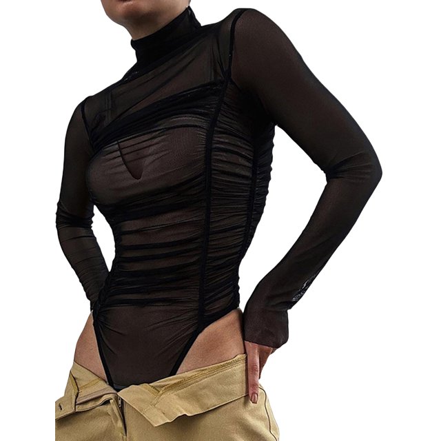 xiaxaixu Combinaisons à Manches Longues pour Femmes Couleur Unie Mesh Froncé Col Rond Skinny Printemps Automne Streetwear
