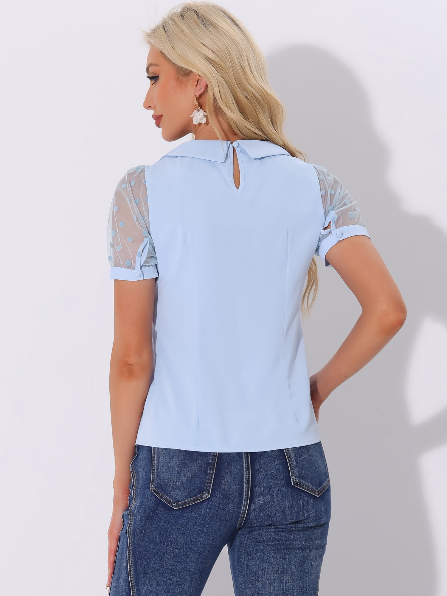 DARING DIVA Women's Polka Dots Mesh Peter Pan Collar Blouse L Light Blue