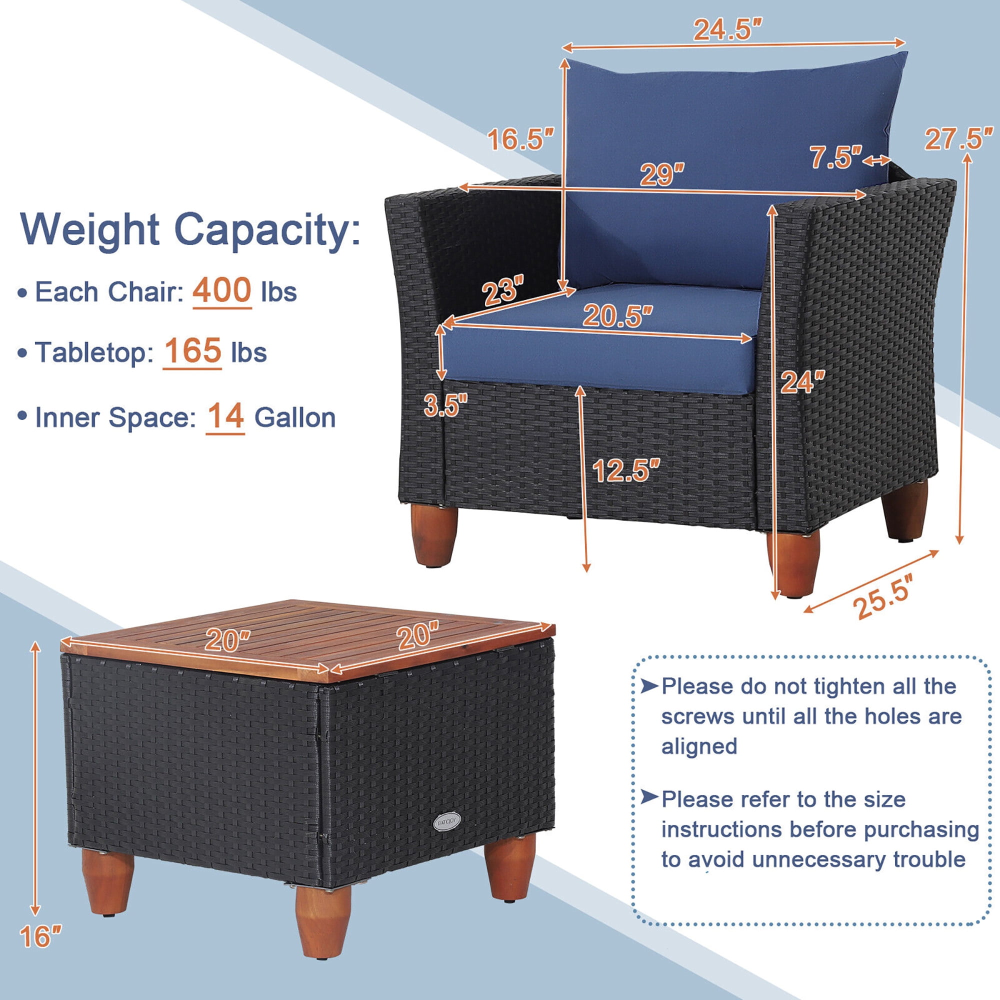 Gymax 3PCS Patio Rattan Conversation Set Outdoor Furniture Set w/ Navy Cushions