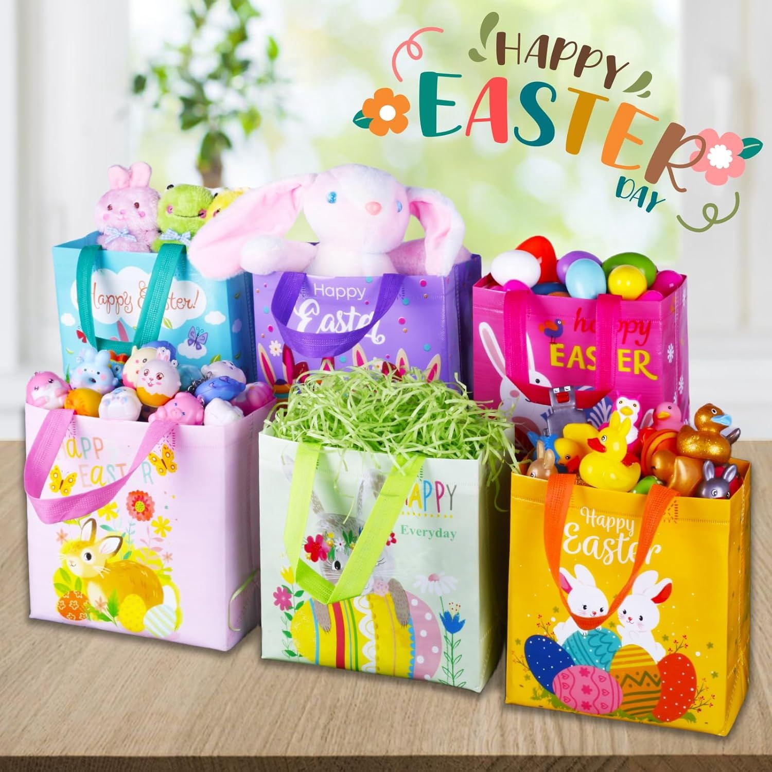 Happy Easter Gift Bags with Handles, Bunny Carrot Chick Designs, Reusable Non-Woven Treat Bags for Party Favors, Gift Wrapping, Easter Basket Container, 9.1x8.7x4.5 inch, 6-Pack