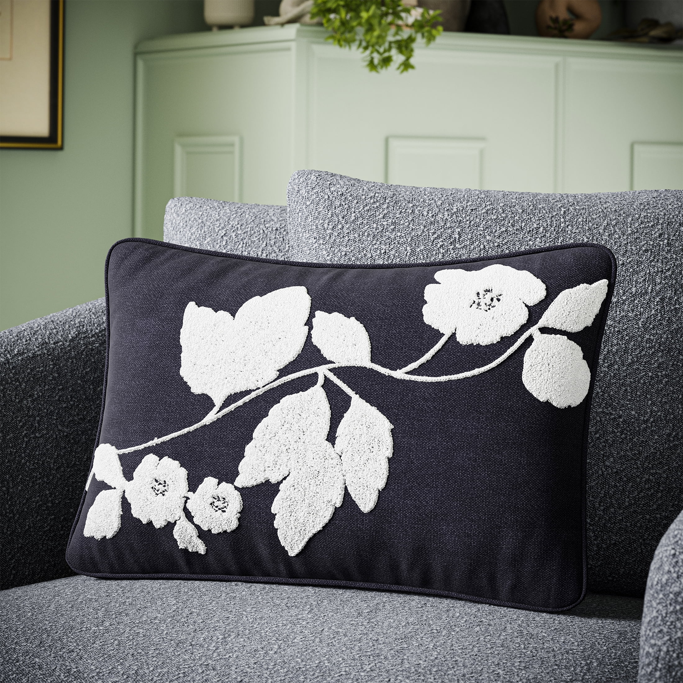 (2 pack) Beautiful Boucle Embroidered Chenille Floral Decorative Pillow by Drew Barrymore, 14" x 20", Black/White