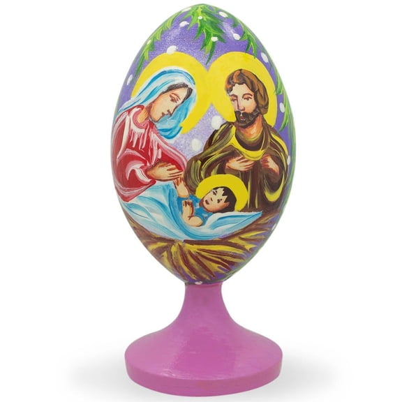 Holy Family with Baby Jesus and Christmas Bells Wooden Easter Egg Figurine