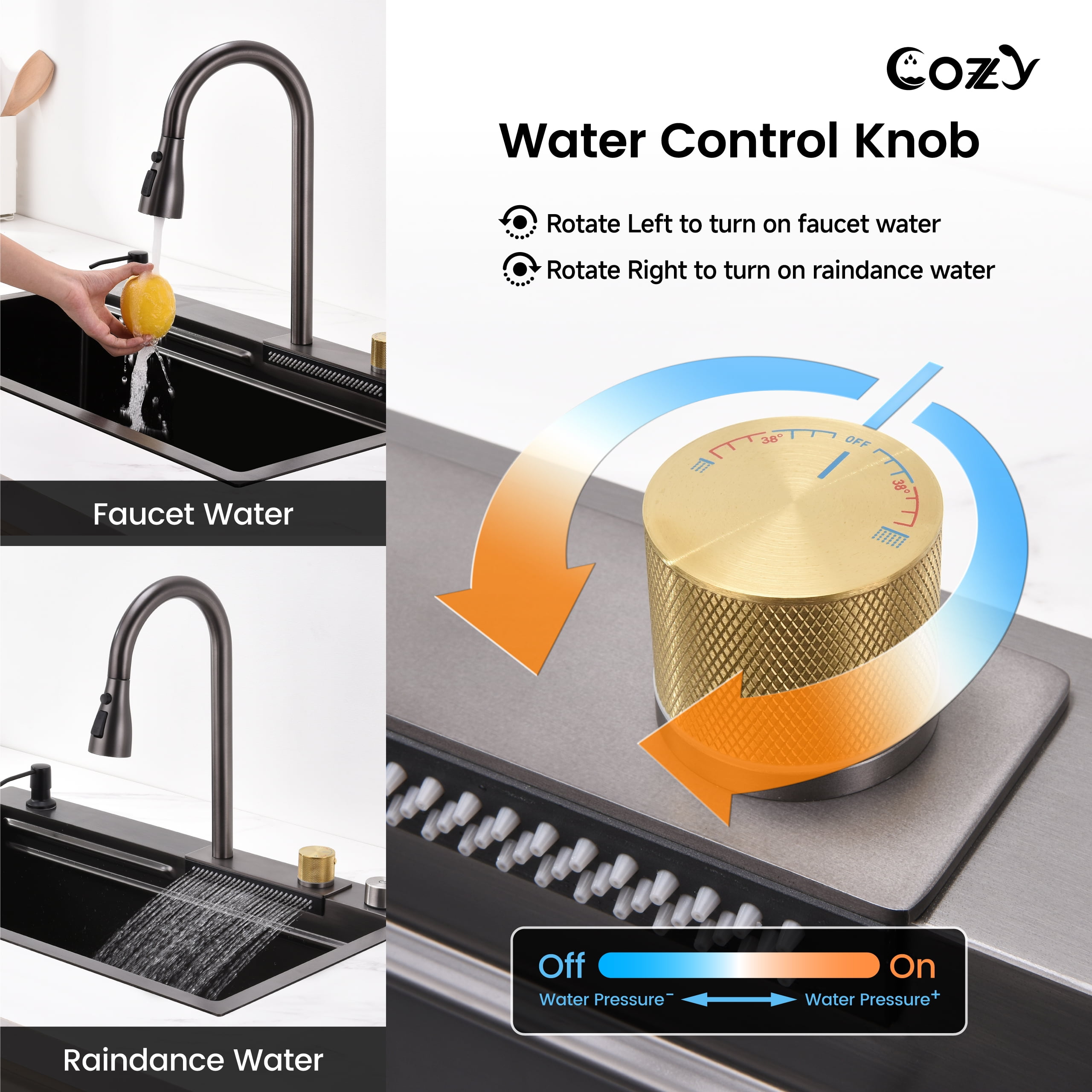 COZY 30″×22″ Stainless Steel Single Bowl Kitchen Sink, Black Waterfall Workstation with Flying-Rain Faucet, Cutting Board, 1 Count, SS-BL05-302208