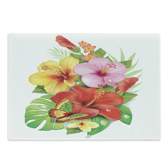 Hawaiian Cutting Board, Bouquet of Colorful Hibiscus Flowers a Butterfly Blooming Plumeria Petals, Decorative Tempered Glass Cutting and Serving Board, Large Size, Multicolor, by Ambesonne