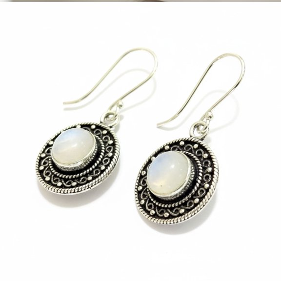 Tibetan Silver Moonstone Gemstone Drop Earrings for Women, 925 Sterling Silver