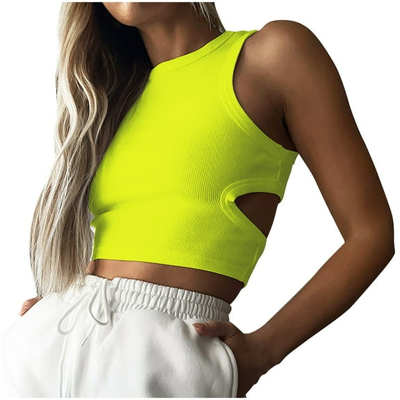 Jalioing Womens Crop Tank Tops Cut-Out Back Crew Neck Sleeveless Athletic Tee Slim Ribbed Basic Sport Tops