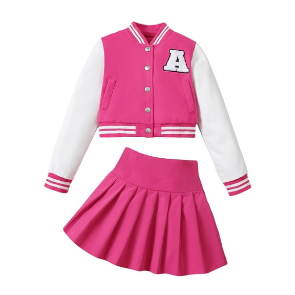 Kucnuzki 9 Years Big Girls Winter Outfits 10 Years Youth Child Kids Clothes Set Long Sleeves Letter Embroidery Baseball Lacket Color Block Coat Pleated Skirt Set 2pcs Clothing Pink