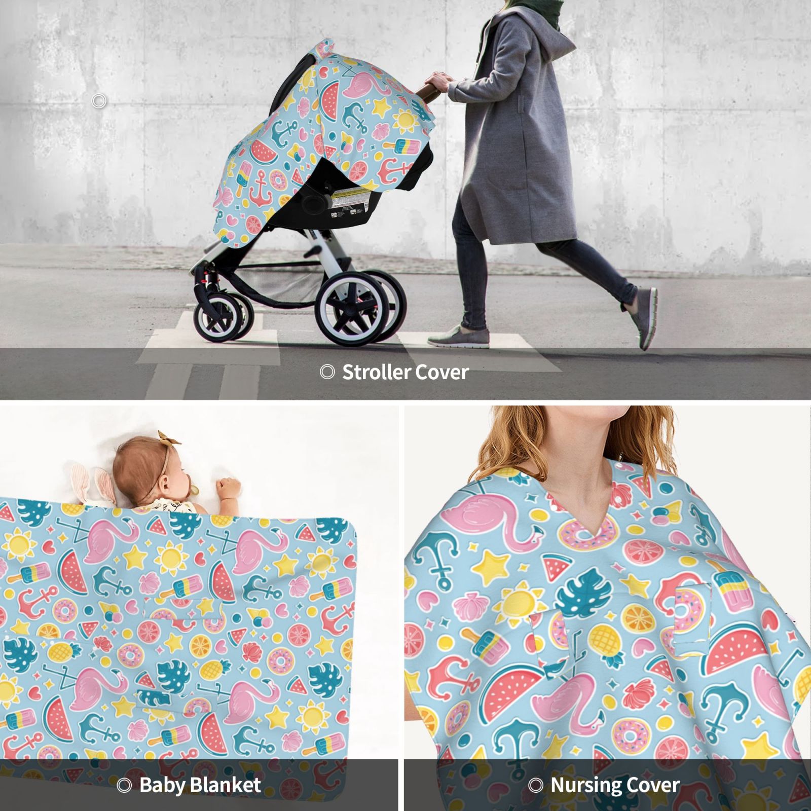 Car Seat Cover Baby - Summer Bird Watermelon Breathable Infant Car Seat Cover for Baby Carseat, Lightweight Comfort Baby Essentials Must Haves Newborn Stuff for Girl Boy