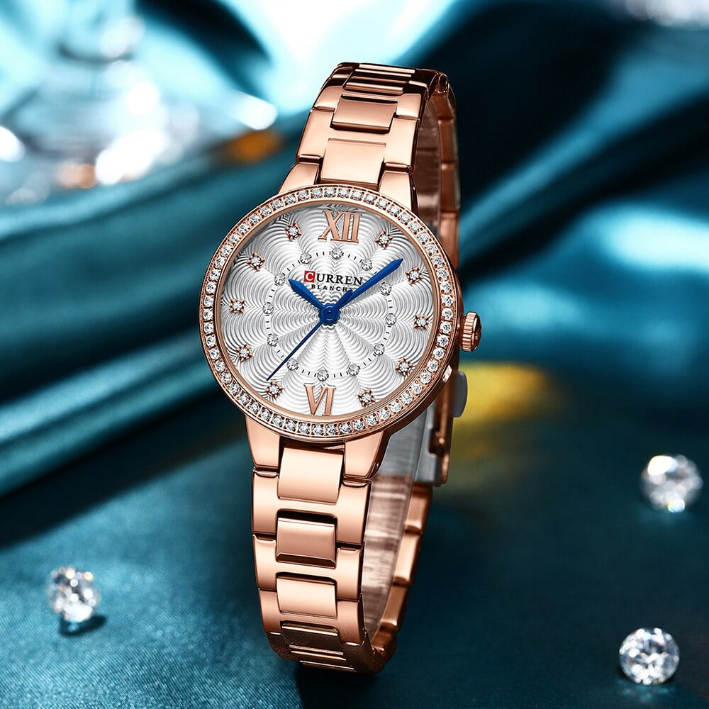 CURREN Luxury Quartz Watch For Women Rose Dial Fashion Rhinestones Wristwatch Stainless Steel Women's Watches Original Brand