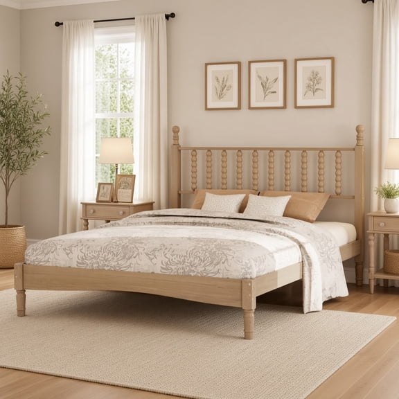 Queen Size Wood Platform Bed with Gourd Shaped Headboard, Retro Style Solid Wood Bed Frame with Slat Support, No Box Spring Needed, Natural