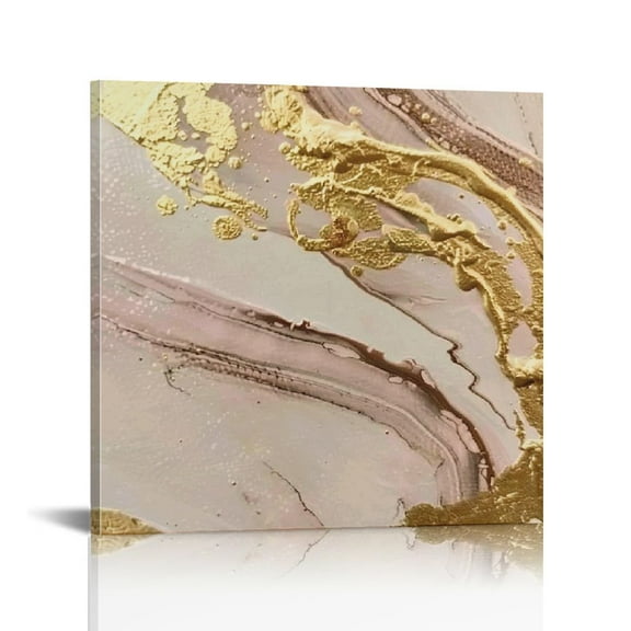 Fenyluxe Gold and White Paint Ready to Hang Canvas Print for Living Room Artwork Decor Framed Wall Art Gift Idea 12x12in