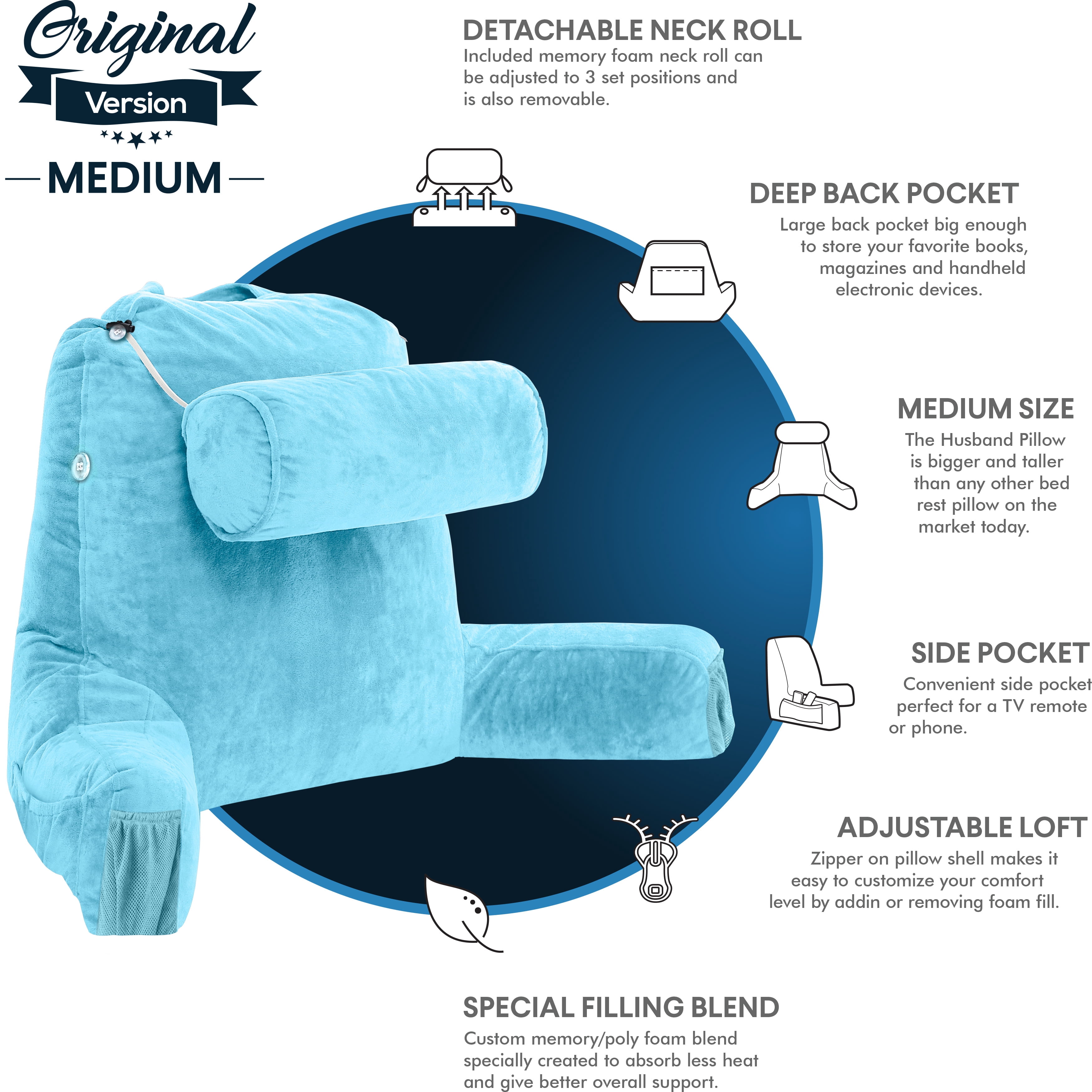 Husband Pillow Medium Carolina Blue, Backrest for Kids, Teens, Petite Adults - Reading Pillows With Arms, Adjustable Plush Memory Foam, Bed Rest Chair Sitting Up, Detach Neck Roll, Removable Cover