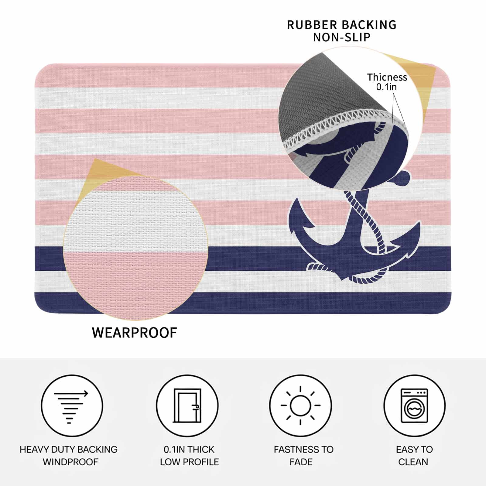 Anchor Pink Doormat Outdoor Entrance 16"x24", Modern Navy Blue White Striped Nautical Absorb Moisture Dirt Door Mats, Non-Slip Rubber Backing Floor Mats Indoor, Low-Profile Front Door Rugs