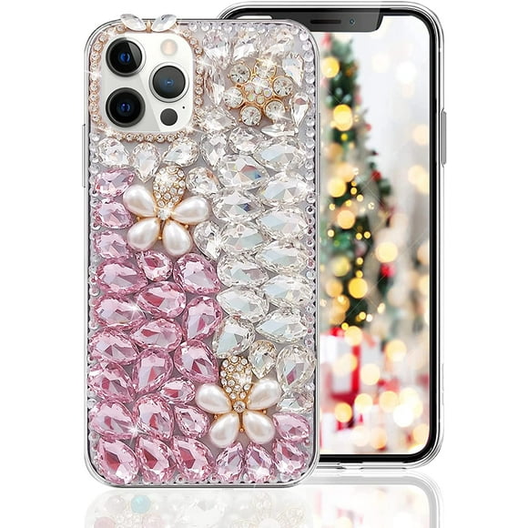 for iPhone 12/12 Pro Bling Diamond Case for Women Cute 3D Flower Rhinestone Crystal Shiny Sparkle Handmade Gemstone Protective Cover Luxury Fashion Glitter Case for iPhone 12 6.1 inch Pink