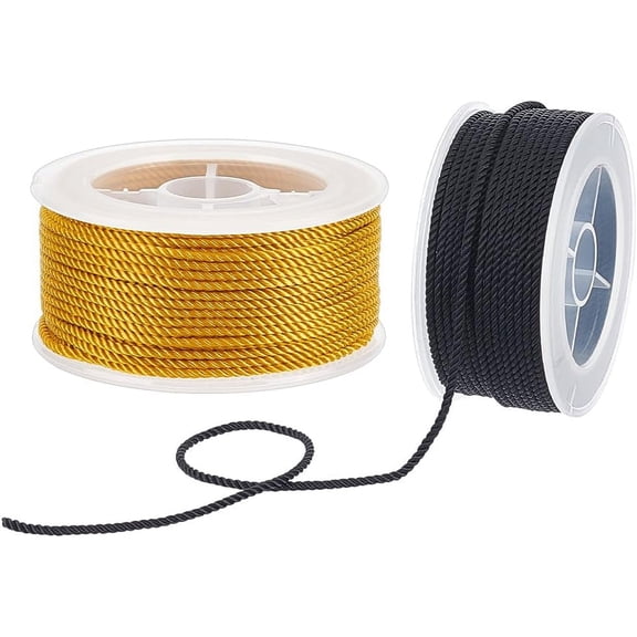 87.5 Yards/80m 2mm Twisted Nylon Cord 3-ply Satin Nylon Trim Cord Macrame Thread Black & Gold