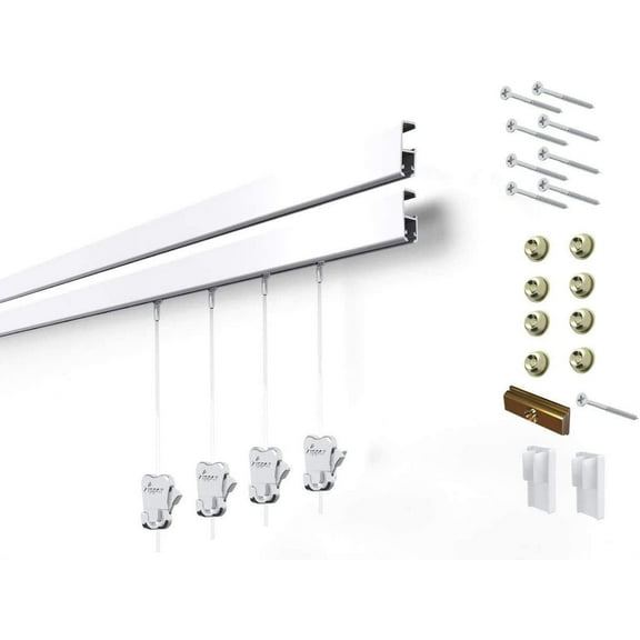 STAS Cliprail Pro Picture Hanging System Set White - Covers 9.84 ft of Wall Space - Heavy Duty Picture Rail & Art Hanging Gallery Kit Without Nails - for Home or Museum Includes 4 Hooks & Cords