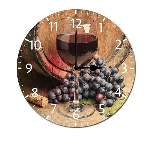 ZXCXRQFa Grapes Wine Glass Bottle Kitchen Home 10 Inch Silent Vintage Design Round Wall Clock Numerals Design Non Ticking Retro Clocks Home Decor Desk Clock