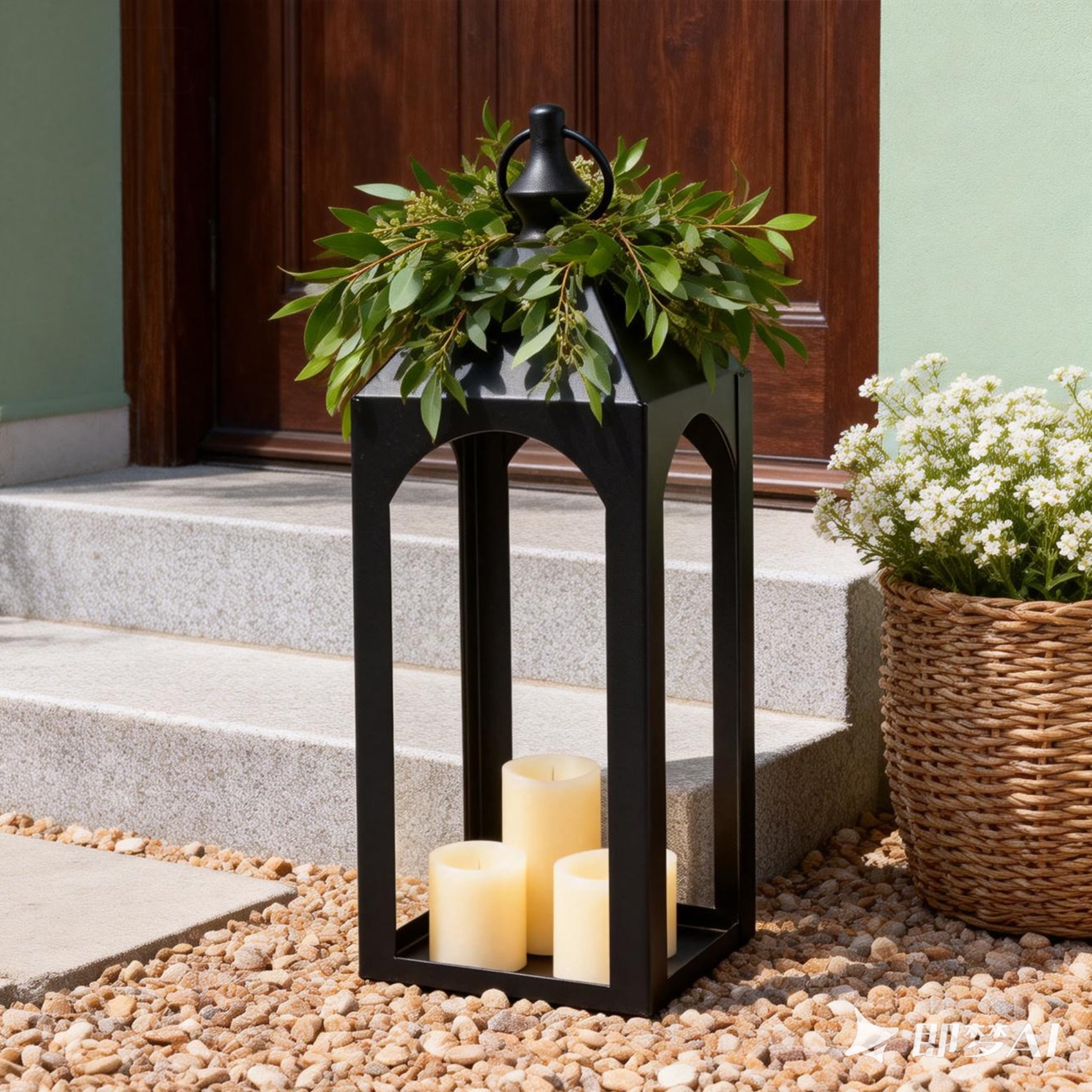 GARITIN 17" Black Metal Lantern Candle Holder, Outdoor & Indoor Decor for Patio, Garden, Porch, Pathway Lighting, House Warming Gift