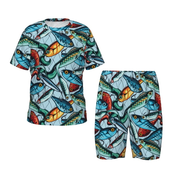 Balery Colorful Fishing Baits Conjunto de Pijama Infantil de Manga Corta con Estampado – Ropa de Dormir de Algodón Suave-Medium