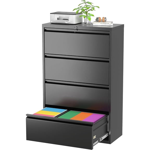 Superday Filing Cabinet Lateral File Cabinet 4 Drawer, Filing Cabinets with Lock, Locking Metal File Cabinets for Home OfficeLegal/Letter/A4/F4(Black)