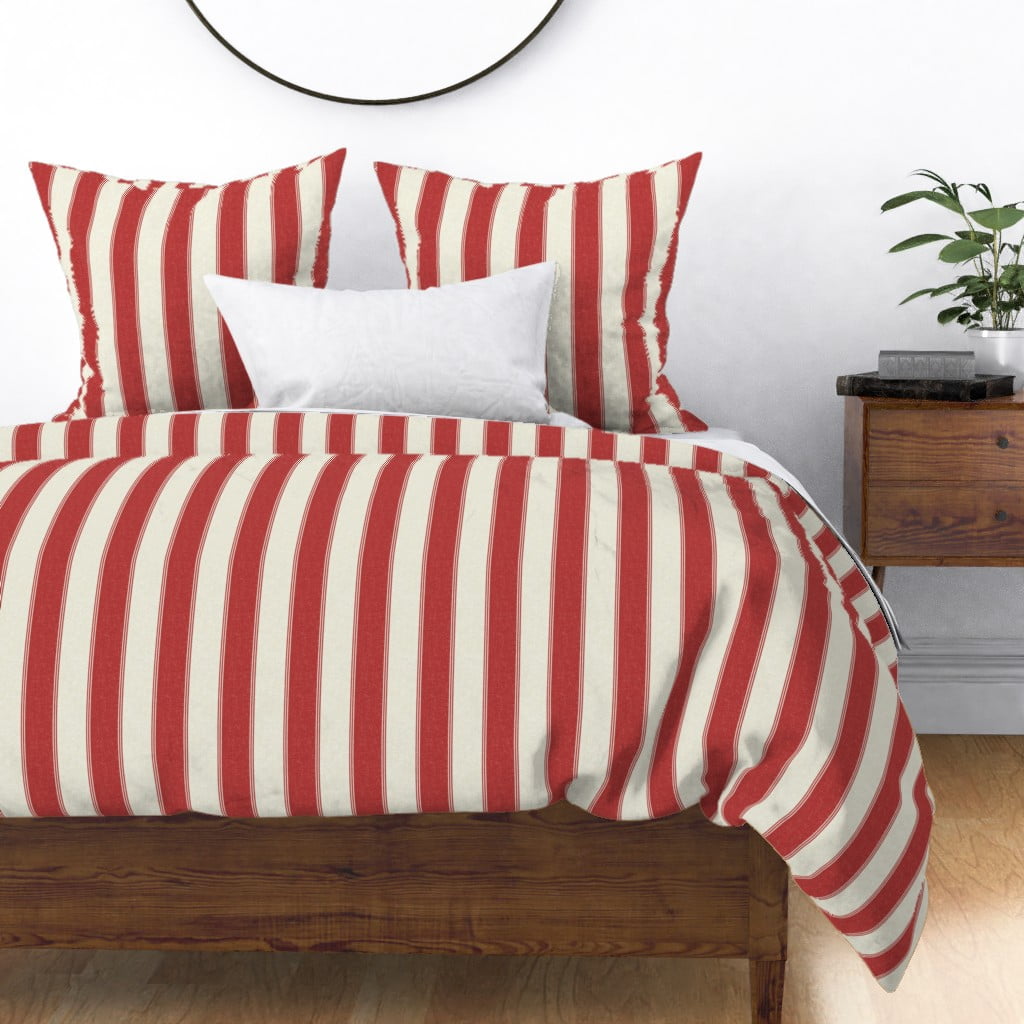 Transitional Stripe Ticking Red White Cream Sateen Duvet Cover By