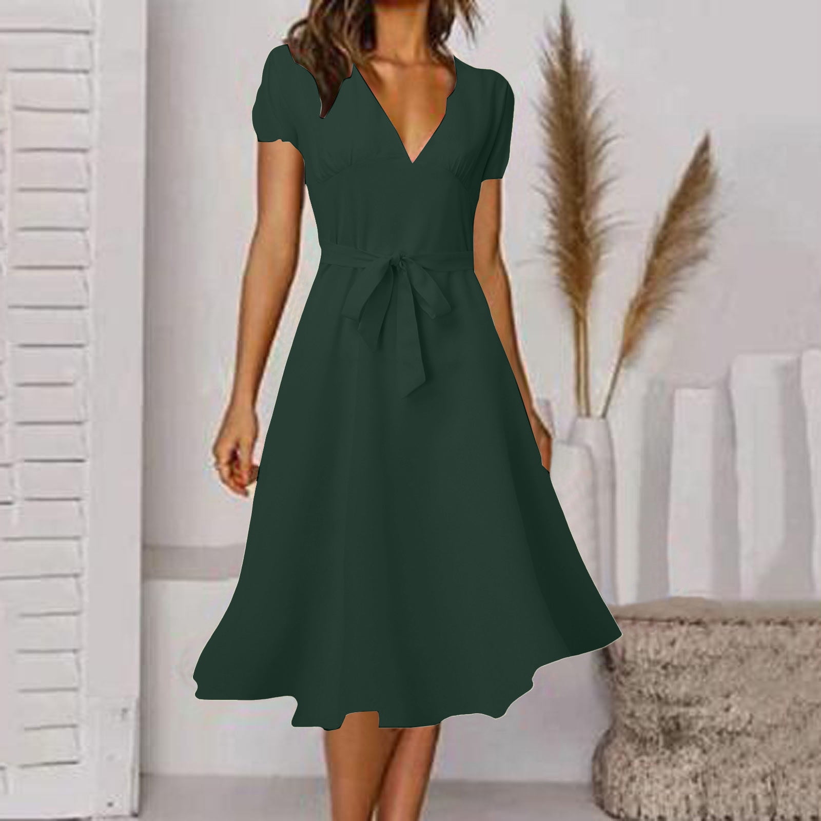 Women's Stylish V Neck Dress Elegant Short Sleeve High Waist