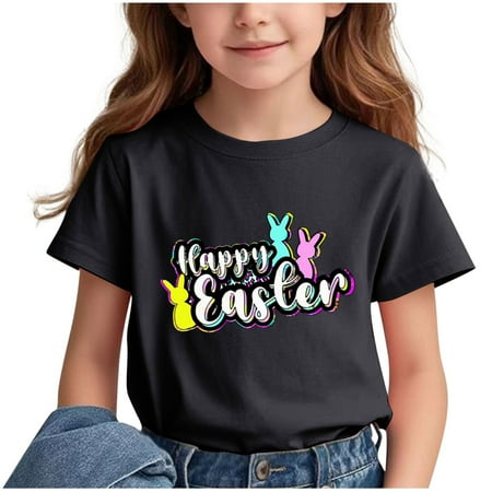 Lilgiuy Kids Easter Day Shirt Girls Boys Cute Bunny Print Short Sleeve T-Shirt Toddler Easter Day Outfits Gifts For Your Son, Daughter, Niece, Grandchildren (Black,11-12 Years)