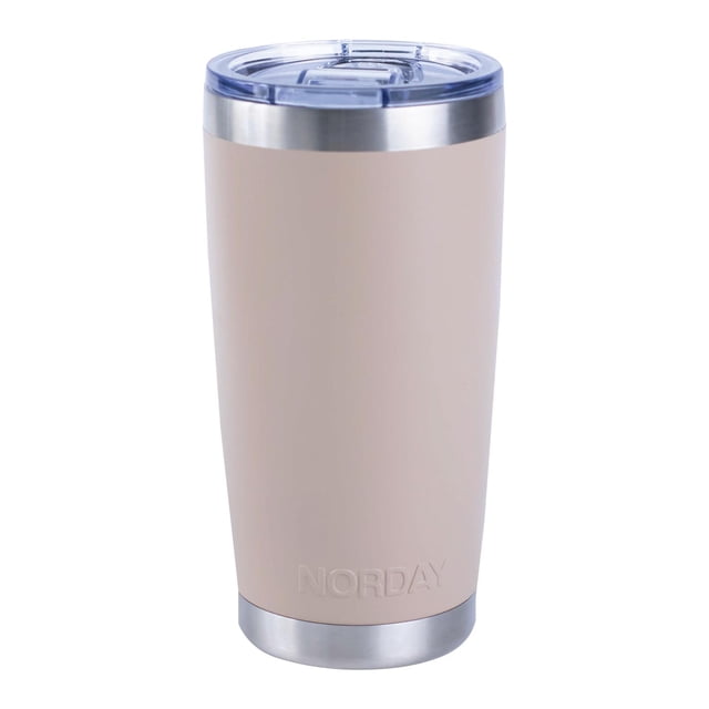 vaso térmico norday 20oz 600ml acero inoxidable negro 20 oz (600 ml) tumbler con aislamiento al vacío de doble pared; vista frontal centrada de cilindro cónico en acabado beige (variante), base y aro superior en acero pulido, tapa transparente con cierre deslizante y logo NORDAY en relieve; mantiene fría hasta 24 h y caliente hasta 8 h, ideal para viajes y llevar café o bebidas frías.