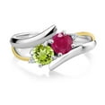 thumbnail image 2 of Gem Stone King 1.12 Ct Round Red Ruby Green Peridot 925 Silver and 10K Yellow Gold Lab Grown Diamond Two Stone Crossover Ring (Size 8), 2 of 5