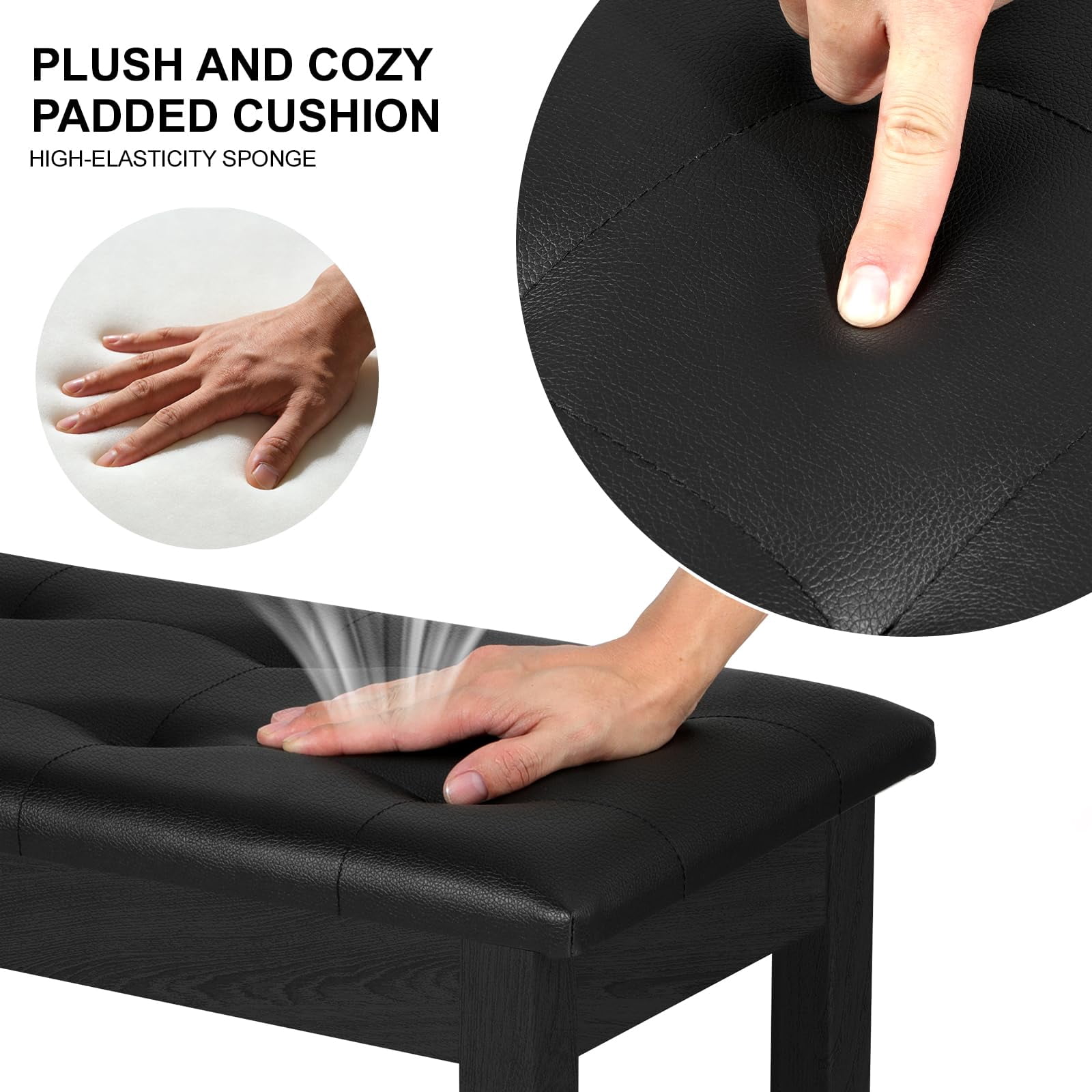 Duet Piano Bench With Storage - Wooden Solid Wood  Tufted Padded Keyboard Stool & Chair Seat Vanity Double (black)