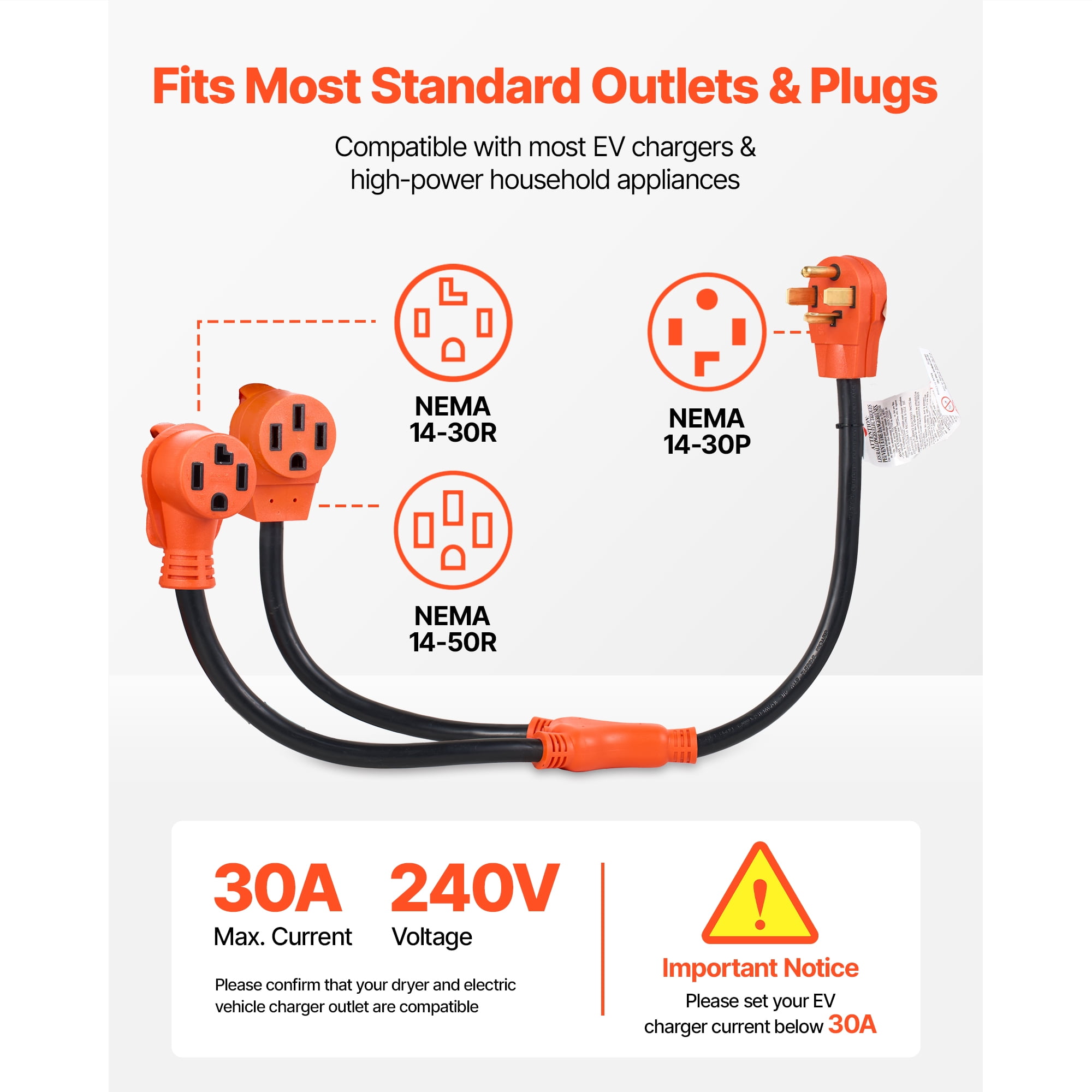 KFFKFF Y Splitter Adapter, 30 Amp, 4-Prong Outlet 240V for Dryer and EV Charger, NEMA 14-30P to 14-30R/14-50R, with Grip Handle, Durable 10 AWG STW Cable, Suitable for EV Chargers, Dryers, and RVs