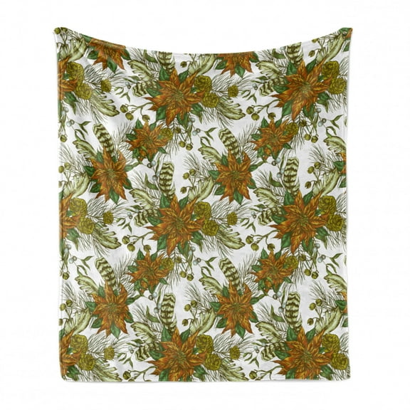 Vintage Soft Flannel Fleece Throw Blanket, Continuous Nostalgic Style Botanical Pattern with Flowers Pine Cones, Cozy Plush for Indoor and Outdoor Use, 60" x 80", Dark Orange Multicolor, by Ambesonne