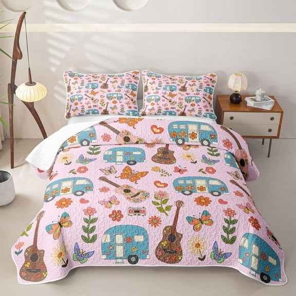 Erosebridal Boho Blue RV Car Floral Twin Quilt Set, Butterfly Heart Twin Coverlet Set for Girls, 2pcs