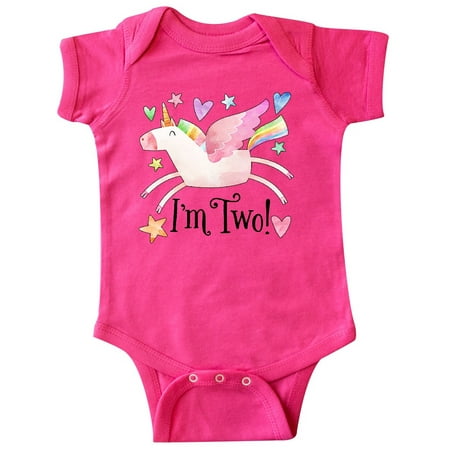 

Inktastic I m 2 Cute Rainbow Unicorn with Stars and Hearts Gift Baby Boy or Baby Girl Bodysuit