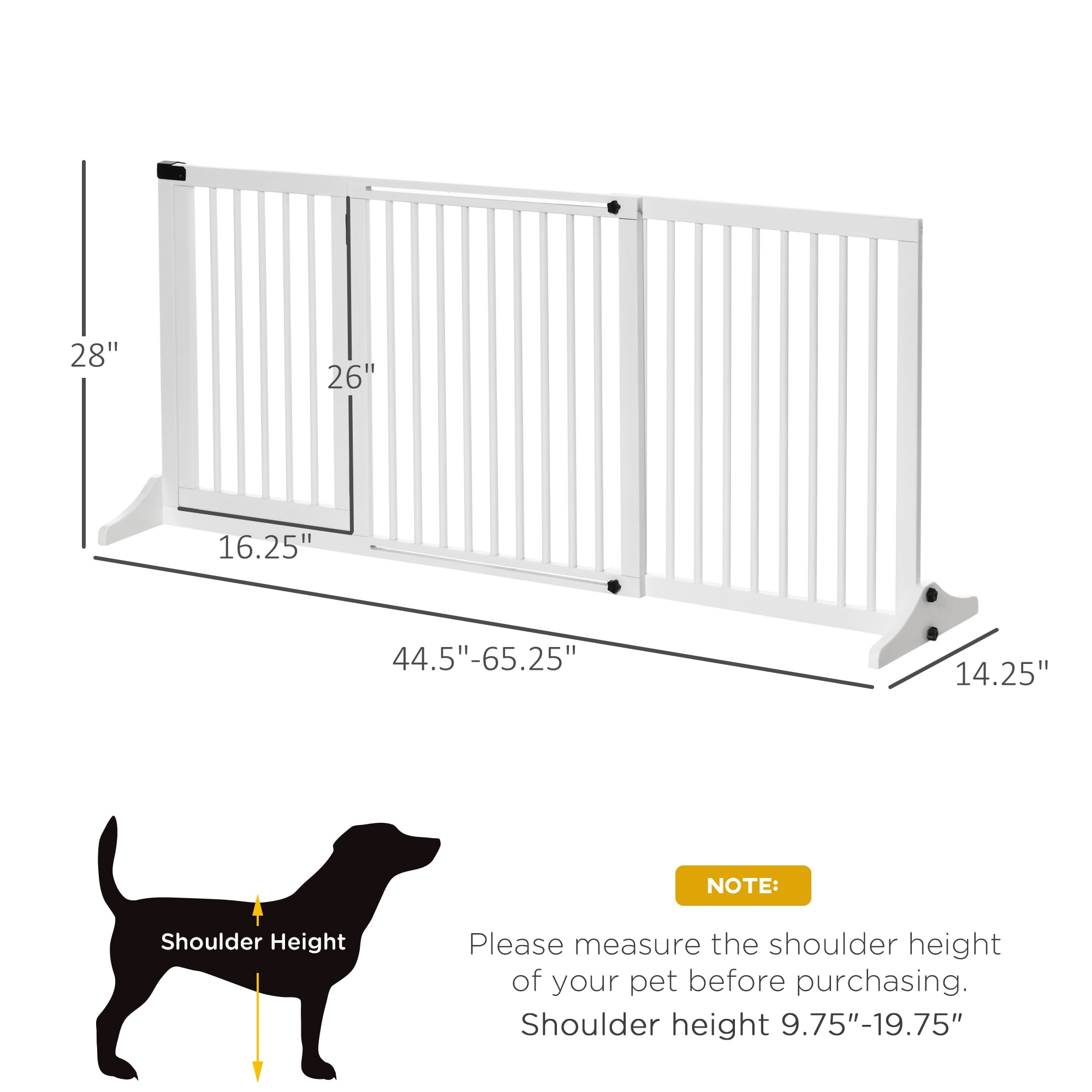 Adjustable Wooden Pet Gate, Freestanding Dog Fence for Doorway, Hall, 3 Panels w/ Safety Barrier, Lockable Door, White, 44.5"-65.25" L x 14.25" H