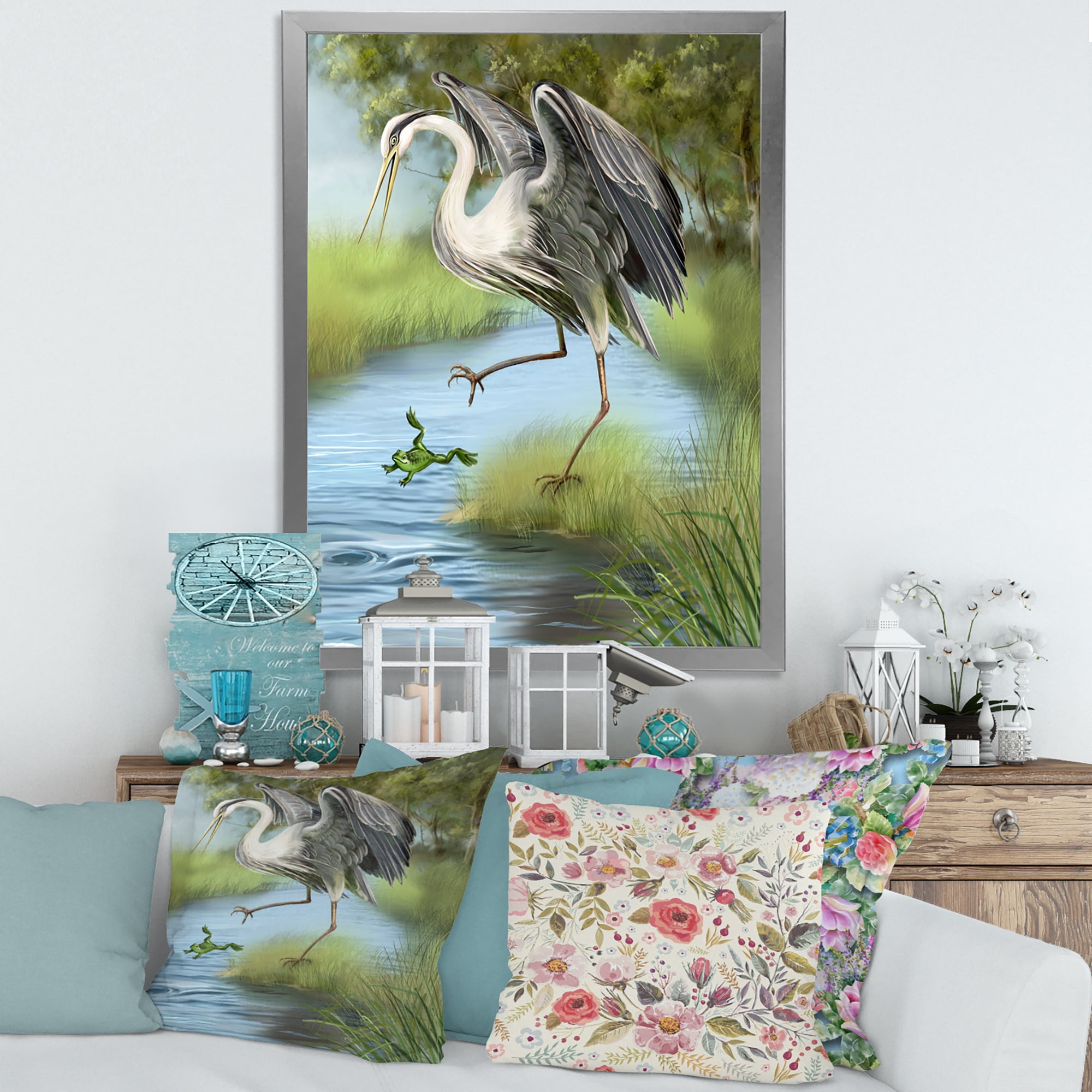 Designart 'Crane Hunting A Frog' Farmhouse Framed Art Print
