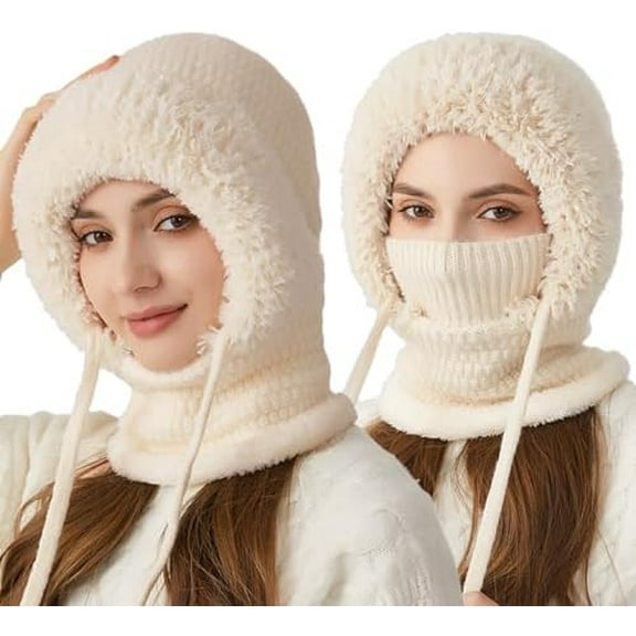 Women's Outdoors Windproof Scarf Hat 3-in-1 Winter Balaclava Knitting Wool Windproof Scarf Hat Mask Integrated
