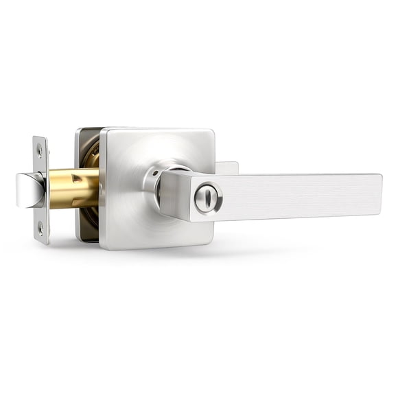 GOBEKOR 1 Pack Square Satin Nickel Privacy Door Lever,Keyless Door Handle Interior Use,Bathroom/Bedroom Door Lock (Thumb Turn,No Key),Reversible for