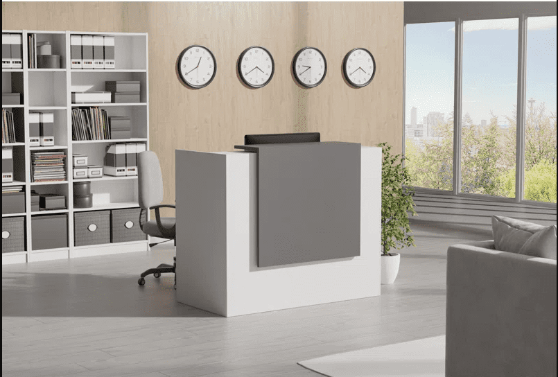 UGOS ICN 53 Inch Modern Reception Desk with Transaction Counter, Laminate Desktop, Front Welcoming Desk, Multifunctional Standing Table for Home, Office, Beauty Salon, and Lobby (White & Anthracite Gr