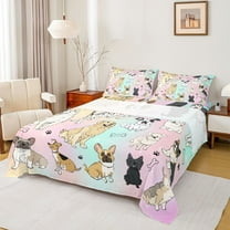 Homewish Cartoon Pug Dog Full Size Sheets for Teens, Kawaii Dog Animal Bed Sheets, Pink Blue Galaxy Print Sheet Sets, Super Cozy Room Decor, 4 Pieces